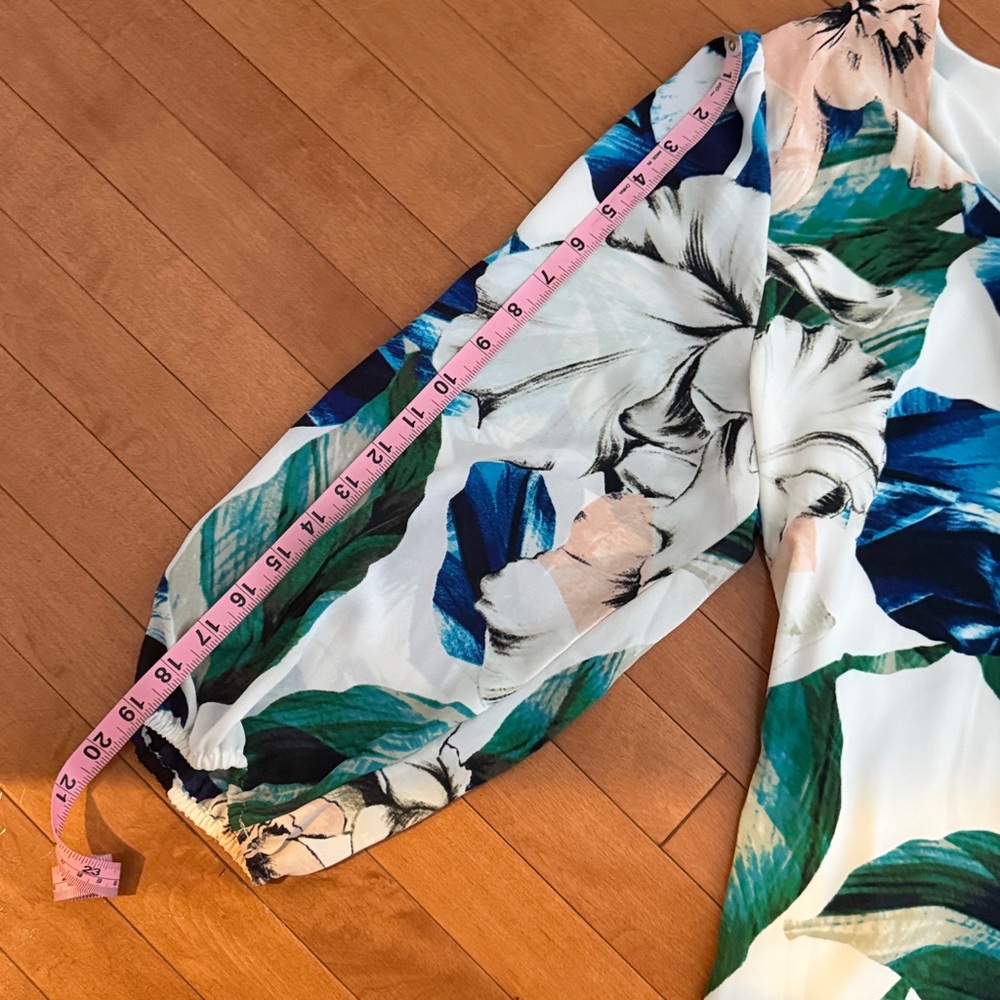 White House Black Market Floral Wrap Dress in Blue, Green, Cream - Picture 5 of 7
